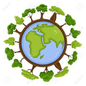 Ecology concept with green Eco Earth and trees. Cartoon earth planet globe with environment elements around. Eco friendly